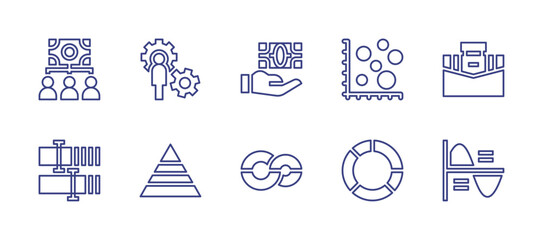 Business line icon set. Editable stroke. Vector illustration. Containing crowdfunding, gear, money, chart, briefcase, bar, pyramid chart, loop, pie chart, infographics.