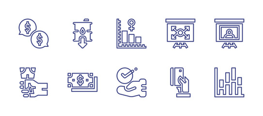 Business line icon set. Editable stroke. Vector illustration. Containing chat, income, fuel, bar chart, expansion, online conference, hand, money, credit card.