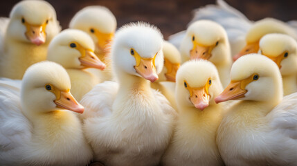 A group of ducks in rows looking at the camera. Close-up portrait in white and yellow colors