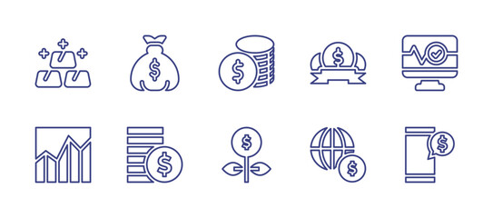 Business line icon set. Editable stroke. Vector illustration. Containing gold ingot, money bag, coins, money, monitor, bar chart, growth, economy, smartphone.