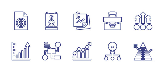 Business line icon set. Editable stroke. Vector illustration. Containing invoice, identification card, notes, briefcase, chart, profits, strategy, increase, creative, pyramid.