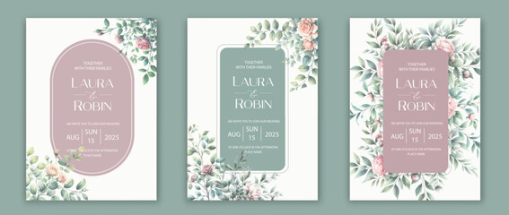 Weding card template with elegant greenery botanical leaf and branch.