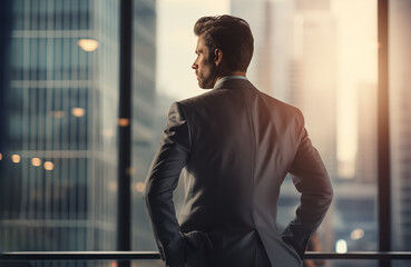 Young businessman standing in front of an office window, overlooking the city skyline
