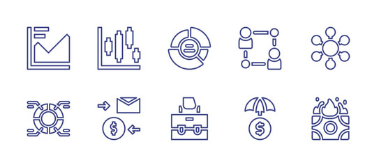 Business line icon set. Editable stroke. Vector illustration. Containing growth chart, candlestick chart, circular chart, pay, briefcase, investment, money, chart, relationship, connection.