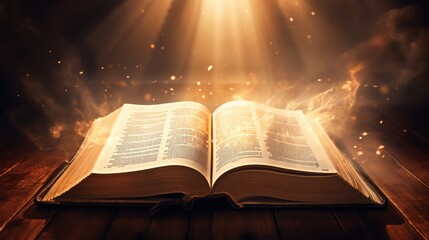 Open Bible Bathed in Sunlight. Sacred Illumination - obrazy, fototapety, plakaty