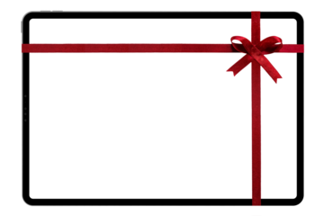 a Tablet computer isolated with a red ribbon for Christmas on a transparent background in PNG format.