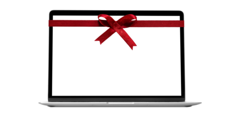 Modern laptop computer with a red ribbon for Christmas on a transparent background