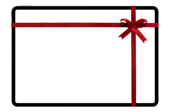 a Tablet computer isolated with a red ribbon for Christmas on a transparent background in PNG format.
