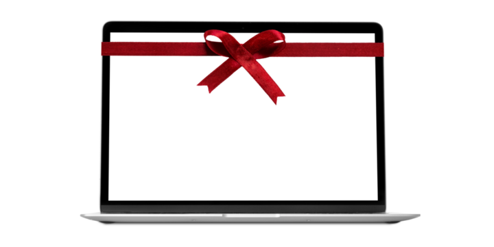 Modern laptop computer with a red ribbon for Christmas on a transparent background