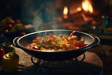 Food-filled Wok on Wooden Table