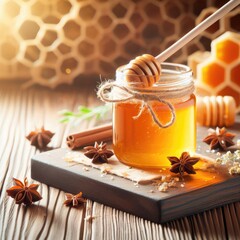 jar of honey dipper honey background