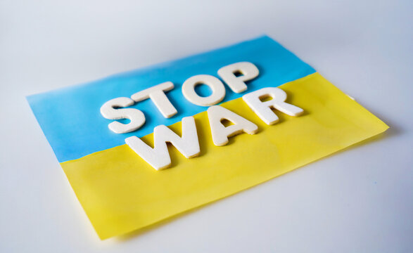 Stop war in Ukraine poster with flag. Support and protection ukrainian.