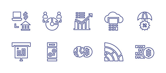 Business line icon set. Editable stroke. Vector illustration. Containing online payment, statistics, chart, cloud, protection, screening, smartphone, global economy, graphic, coins.