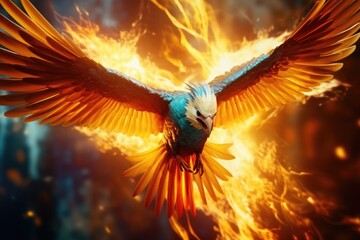 Bird Flying with Fiery Background