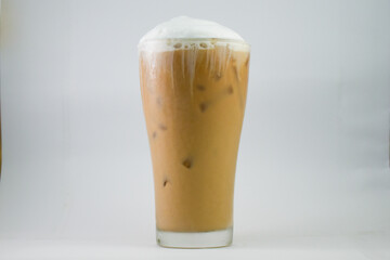 Iced cappuccino with milk foam coffee glass cups