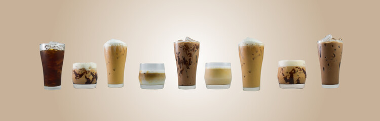 Iced coffee glass cups set brown gradient background