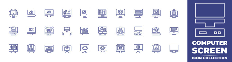 Computer screen line icon collection. Editable stroke. Vector illustration. Containing computer, monitoring, lcd, weather, dna, screen, user experience, startup, order, online payment, coding, vr.