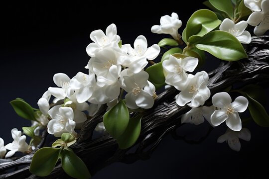 Branch with White Flowers on Black Background