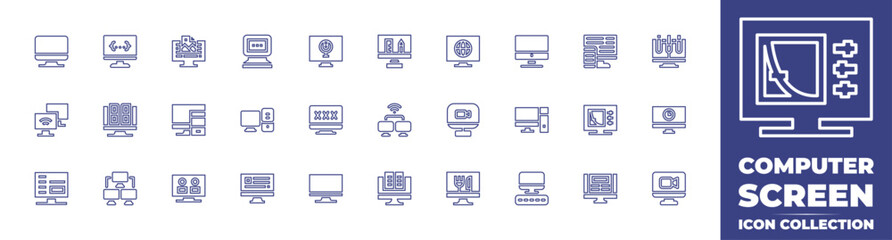 Computer screen line icon collection. Editable stroke. Vector illustration. Containing computer, screen mirroring, computer desktop, screen, webcam, sex addict, monitor, image, analytics, responsive.