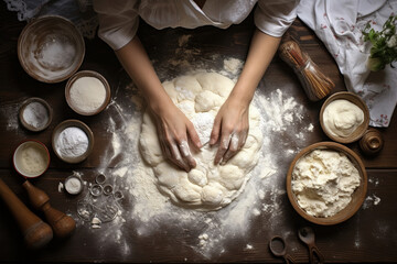 woman hands preparing dough top down view - obrazy, fototapety, plakaty