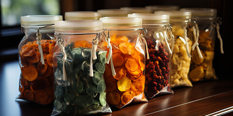 assortment of dried fruits in glass jars on the shop shelve - obrazy, fototapety, plakaty
