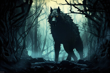 wolf silhouette in dark fantasy forest - obrazy, fototapety, plakaty