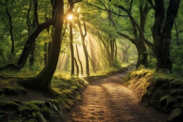 A winding forest trail bathed in dappled sunlight, inviting exploration into the heart of nature.