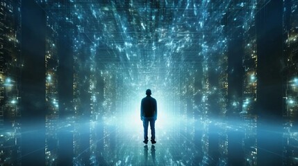 Man in the face of new technology, silhouette of a man learning about the technologies of the future