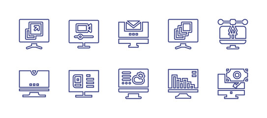 Computer screen line icon set. Editable stroke. Vector illustration. Containing email, weather, resize, layers, desktop, graphic, monitor, payment, live stream, book.
