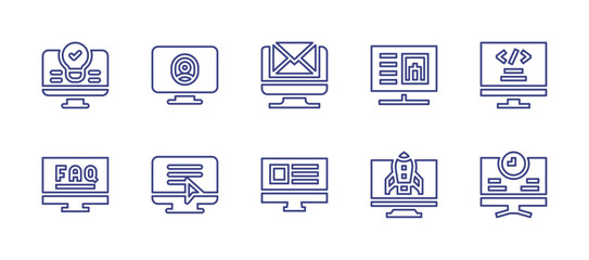 Computer screen line icon set. Editable stroke. Vector illustration. Containing monitor, web programming, comment, appointment, email, interface, light bulb, information, faq, startup.