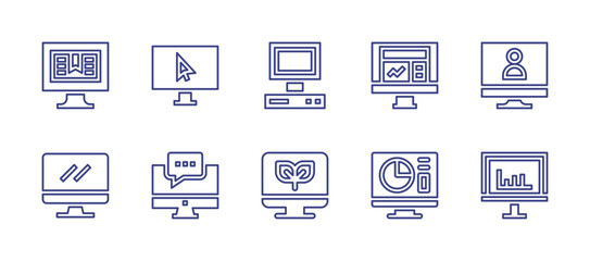 Computer screen line icon set. Editable stroke. Vector illustration. Containing screen, video call, old computer, computer, book, analysis, chat, monitor.