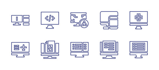 Computer screen line icon set. Editable stroke. Vector illustration. Containing monitor, online pharmacy, code, booking, blogging, responsive, archive, forum.