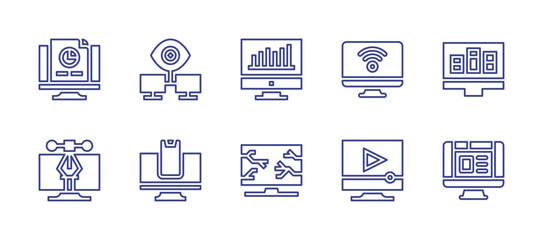 Computer screen line icon set. Editable stroke. Vector illustration. Containing computer, vector, video player, monitoring, graphic, television, devices, web design.