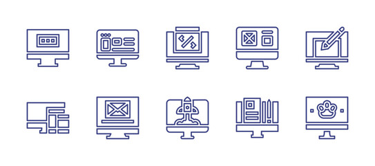 Computer screen line icon set. Editable stroke. Vector illustration. Containing web design, launch, monitor, responsive, blogging, coding, notes, email, appointment.
