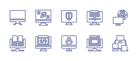 Computer screen line icon set. Editable stroke. Vector illustration. Containing computer, leaf, television, data, coding, devices, education, website, internet, shield.