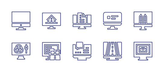 Computer screen line icon set. Editable stroke. Vector illustration. Containing computer, publishing, color scheme, video game, code, email, home, designing.