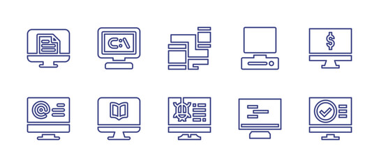 Computer screen line icon set. Editable stroke. Vector illustration. Containing computer, devices, virus.