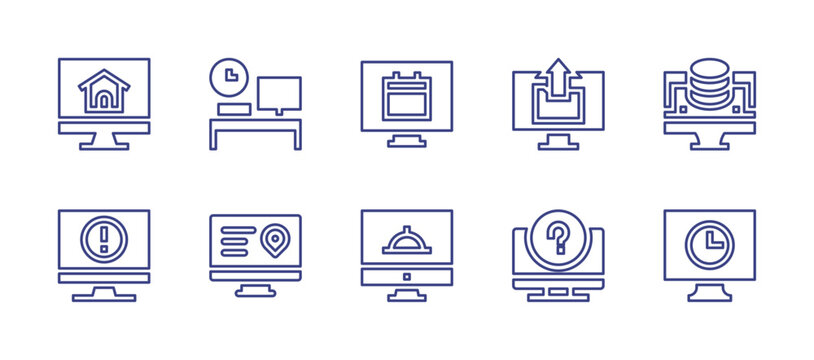 Computer screen line icon set. Editable stroke. Vector illustration. Containing computer, workaholic, coin, restaurant, travel, monitor, construction plan, upload, calendar.