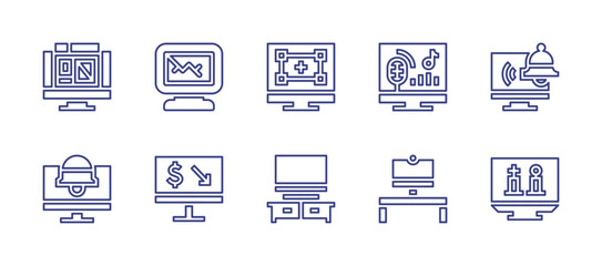 Computer screen line icon set. Editable stroke. Vector illustration. Containing monitor, alarm, dollar, chess game, design thinking, tv, browser, notification, vr, music.