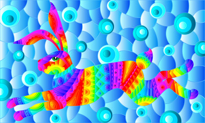 Stained glass illustration with abstract bright rabbit, animals on a blue background, rectangular image