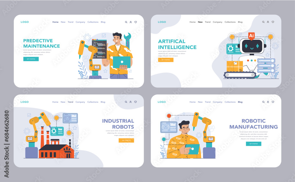 Poster robotic manufacture web or landing set. automated systems or ai working for manufacturing process. i