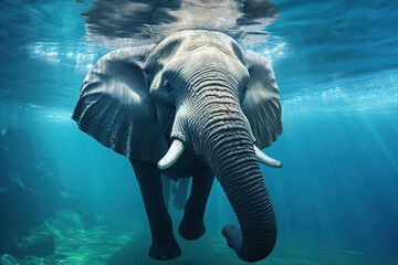 Swimming African Elephant Underwater. Big elephant in ocean with air bubbles and reflections on water surface - obrazy, fototapety, plakaty