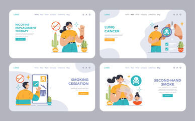 Obraz na płótnie Canvas Smoking cessation web or landing set. Man quits smoking, facing withdrawal challenges. Lung health, second-hand effects, program benefits. Heart risks and relapse moments. Flat vector illustration