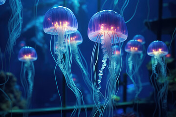 Small jellyfishes illuminated with blue light swimming in aquariums