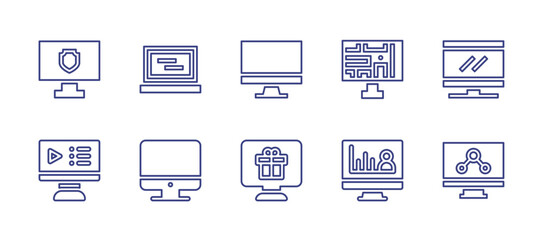 Computer screen line icon set. Editable stroke. Vector illustration. Containing computer, laptop, tv, gift, online class, statistics.