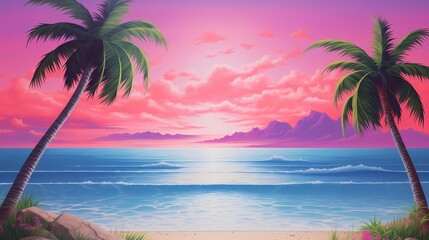 Fototapeta na wymiar Idyllic travel destination private island with awe inspiring golden hour sunset and colorful clouds over the calm ocean horizon - tranquil holiday in paradise - palm trees and sandy beaches.