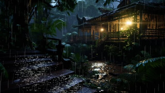 Animation Rain Relaxing Cabin Jungle. seamless looping video background animation. Generated with AI