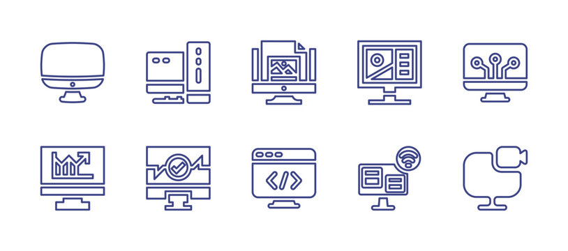 Computer screen line icon set. Editable stroke. Vector illustration. Containing computer, personal computer, pc, monitor, programming.
