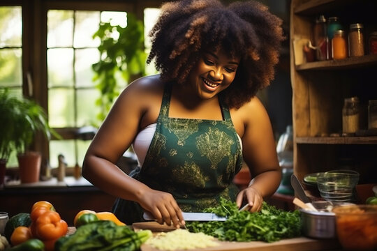 Plus size african american woman in apron chopping vegetables in kitchen. healthy lifestyle, food, cooking and domestic life, unaltered.