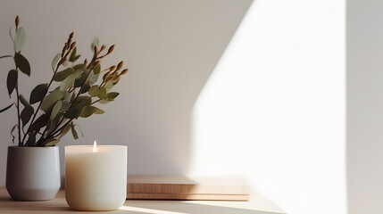 Natural fragranced white soy candle. interiors for lofts with a minimalist style. a closeup of the text copy area - obrazy, fototapety, plakaty